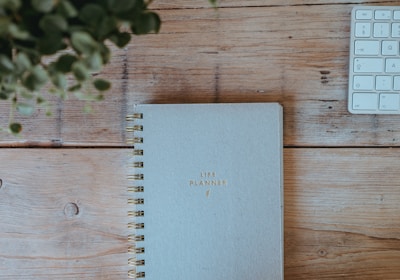 A light blue spiral-bound planner with the words 'Life Planner' embossed in gold sits on a wooden table. To the right is part of a white computer keyboard, and a leafy green plant is partially visible on the left.